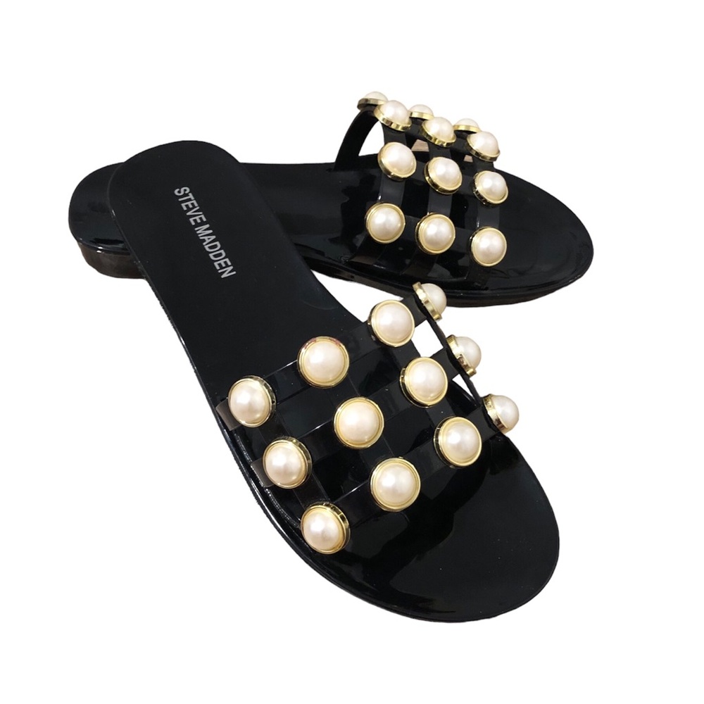 Steve Madden Black Jelly Pearl Embellished Flat Slide Sandals- Size 7.5